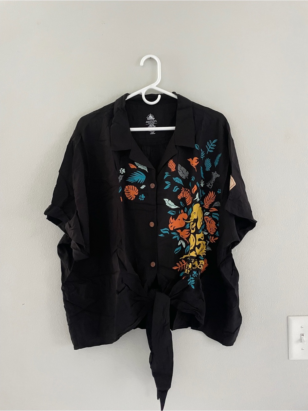 Disney Black Button-Front Tie Shirt with Multicolor Animal Kingdom Graphic